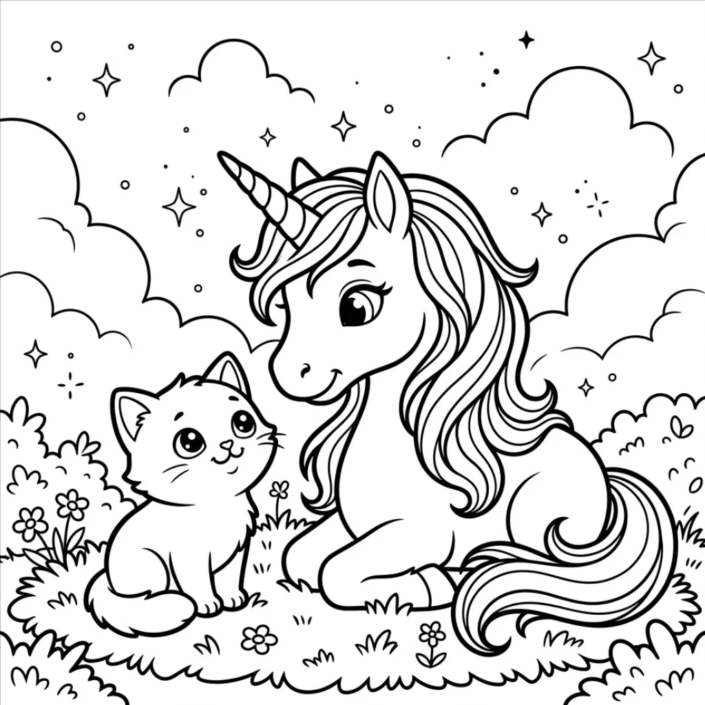 Kawaii cat and unicorn coloring page