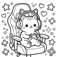 Kawaii cat gamer coloring page