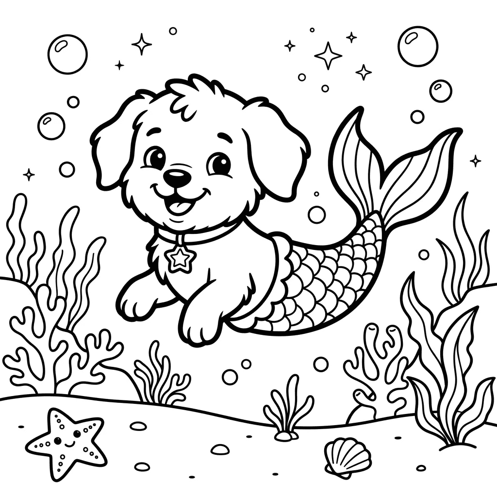 Mermaid rescue puppy coloring page