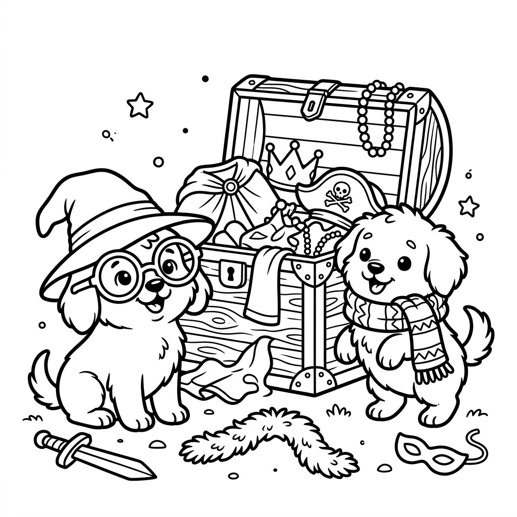 Puppies playing dress up coloring page