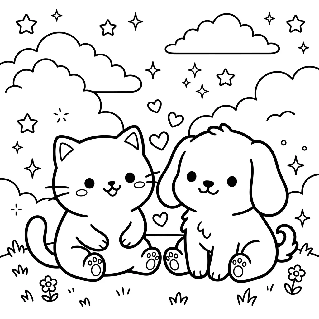 cat and puppy coloring page