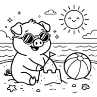 Cute pig beach coloring page