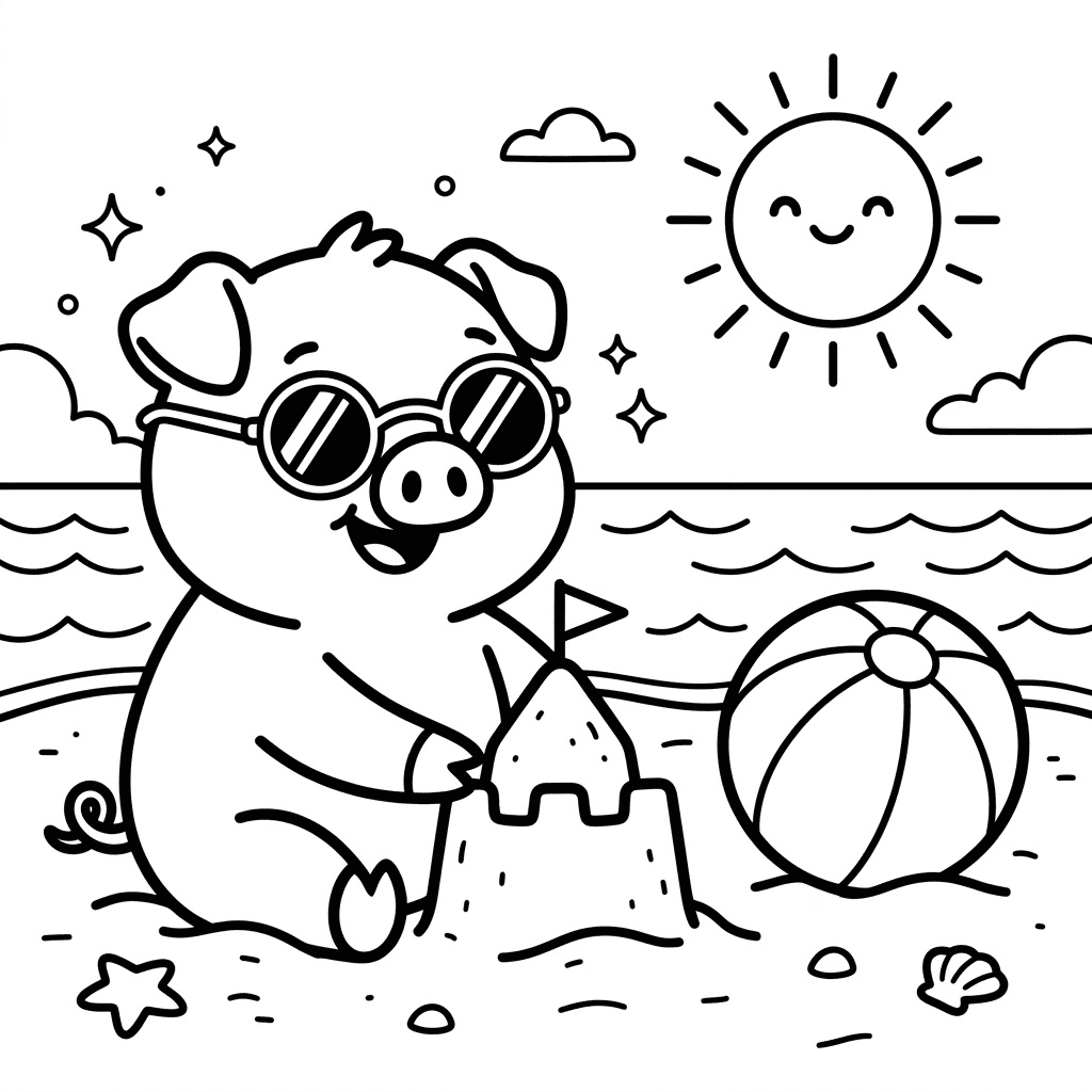 Cute pig beach coloring page