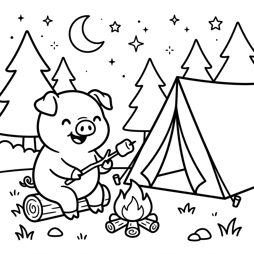 Cute pig camping coloring page