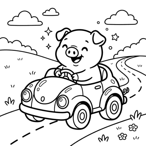 Cute pig car coloring page
