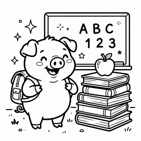 Cute pig school coloring page for kids