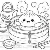 Kawaii Dumpling Steamer Coloring Page