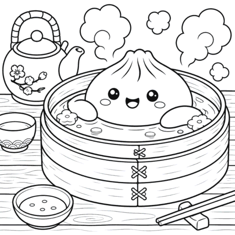 Kawaii Dumpling Steamer Coloring Page