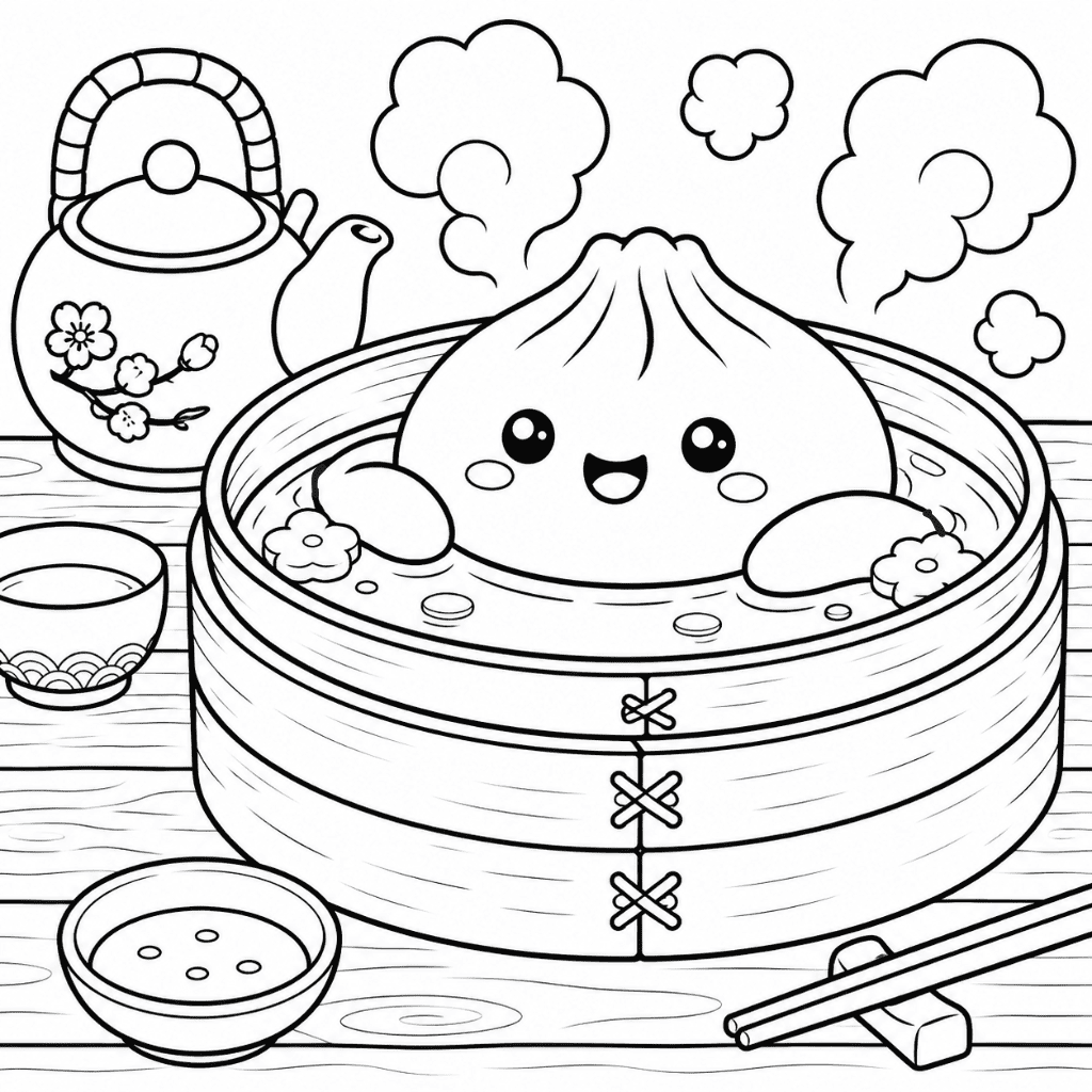 Kawaii Dumpling Steamer Coloring Page