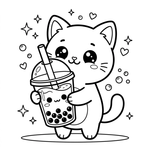 Kawaii cat boba coloring page