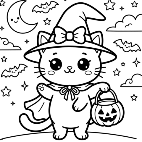 Cute Kawaii Cat Halloween Coloring Page Free Kids Activities