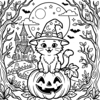 Halloween Cat Coloring Page Spooky Haunted Scene