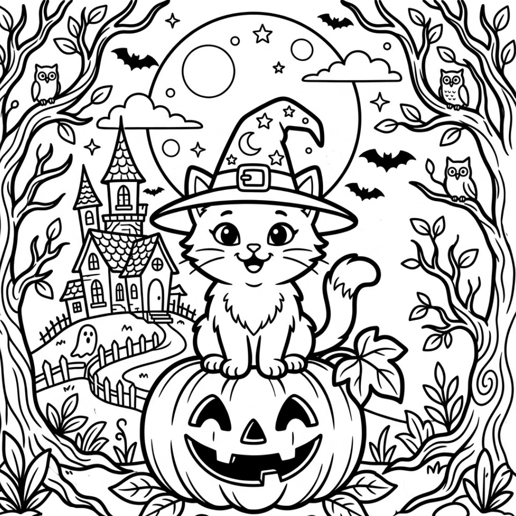 Halloween Cat Coloring Page Spooky Haunted Scene
